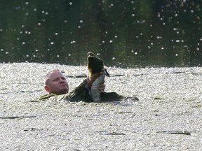 Reptilia's Lee Parker is pictured as he caught a caiman in a High Park area pond. (MICHAEL PEAKE, Toronto Sun)