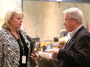 Gino Donato/The Sudbury Star        
Gerry McIntaggart, right, chats with Joscelyne Landry-Altmann, vice-chair of the nominating committee, after being voted in as the interim Ward 1 councillor Tuesday.