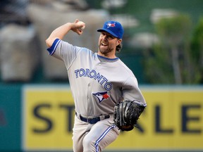 Starter R.A. Dickey held the L.A. Angels to only four hits in seven shutout innings as the Blue Jays snapped a five game losing streak in Anaheim on Tuesday. (Richard Mackson/USA TODAY Sports)