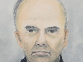 An artist's sketch of Douglas Garland, the man questioned by police in connection with the June 30th disappearance of Nathan O'Brien, and his grandparents, Kathy and Alvin Liknes. Garland was in court in Calgary, Alta. on Monday July 7, 2014, to face an unrelated charge. 
Sketch by Janice Fletcher