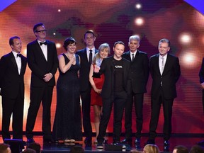 BEVERLY HILLS, CA - JUNE 19: Producer Geyer Kosinski, actors Allison Tolman, Colin Hanks and Billy Bob Thornton, producers Warren Littlefield, Kim Todd and Noah Hawley accept the Best Miniseries award for 'Fargo' onstage during the 4th Annual Critics' Choice Television Awards at The Beverly Hilton Hotel on June 19, 2014 in Beverly Hills, California.  Kevin Winter/Getty Images for Critics' Choice Television Awards/AFP