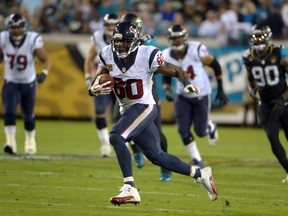 Houston Texans receiver Andre Johnson (80) carries the ball against the Jacksonville Jaguars at EverBank Field. Mandatory Credit: Kirby Lee-USA TODAY Sports