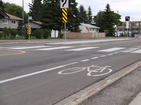95 Avenue, which sees up to 19,000 vehicles daily, was squeezed down to two lanes last year to accommodate 'one of the most useless bike lanes in town.' (Lorne Gunter photo)