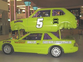 One of the two-storey 'stacker' race cars owned by Edmonton International Raceway in Wetaskiwin.
