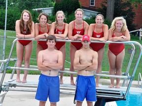 The lifeguards at the West Perth Lions Pool for the summer of 2014 are (back row, left to right): Laura Fischer, Brooklyn Finlayson, Alli Van Bakel, Sadie Berard, Natalie Visser (supervisor) and Shayna Melady (head guard). In front are Robert Murray and Ben Davey (head guard). ANDY BADER/MITCHELL ADVOCATE