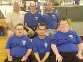 Back row, left to right: Coach Richard Yaceyko, Patrick Kozak, Michael Yaceyko. Front: Troy Bradbury, Steven Van Den Oetelaar and Josh Bosivert are in Vancouver for the 2014 Special Olympics Canada Summer Games. - Photo Supplied
