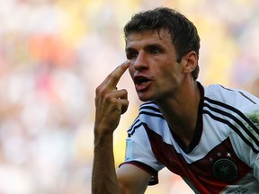 Germany's Thomas Mueller reacts during the team's World Cup quarterfinal match against France at the Maracana stadium in Rio de Janeiro in this July 4, 2014 file photo. (REUTERS/Kai Pfaffenbach/Files)
