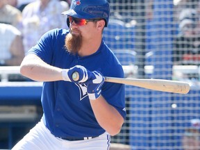 Adam Lind of the Toronto Blue Jays sports a much-talked-about beard  on the field against the New York Yankees in Dunedin, Fla. on March 2, 2014. (VERONICA HENRI/Toronto Sun)