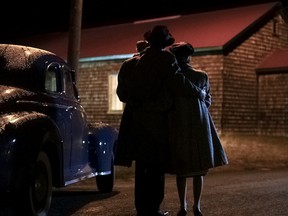 Actors portray Soviet defectors Igor and Svetlana Gouzenko arriving at wartime Camp Picton airbaseused as late 1940s Camp X stand-in. (Photo courtesy Yap Camp X Productions Ltd.)