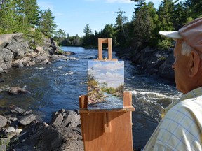 Jim Moodie/The Sudbury Star
Sudbury painter John Stopciati captures a scene at a pretty bend in the Wanapitei River near Estaire. The oil sketch was completed in two hours, and will be made into a larger canvas in his studio. The Stopciati Gallery is located at 153 Applegrove Street.