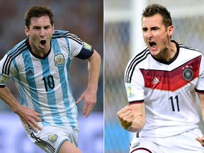 Argentina's forward and captain Lionel Messi (L)  in Rio De Janeiro on June 15, 2014 and Germany's forward Miroslav Klose in Fortaleza on June 21, 2014. ( AFP PHOTO)