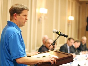 Sudbury Star file photo
Myles Sullivan, area coordinator of United Steelworkers, speaks at a mining review consultation in April.