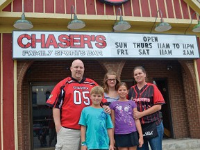 Keith Beres and family in front of Chaser's Family Sports Bar in Tillsonburg. CHRIS ABBOTT/TILLSONBURG NEWS