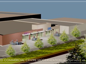 An architect concept drawing shows a redeveloped building in downtown Drayton Valley.