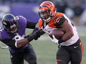 Bengals running back Giovani Bernard (right) is tackled by Ravens cornerback Jimmy Smith (left) during NFL action last season. (Mitch Stringer/USA TODAY Sports/Files)