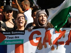 Demonstrators shout slogans while holding a banner during a protest in Lille, against Israel's military action in Gaza, July 14, 2014. (REUTERS/Pascal Rossignol)