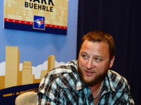 American League pitcher Mark Buehrle of the Toronto Blue Jays speaks to the media at the Hyatt Regency in Minneapolis, July 14, 2014. (JEFF CURRY/USA Today)