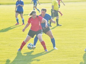 Jenna Rapai of the Portage Blaze keeps the ball from a defender during Portage's 3-0 loss to St. James. (Kevin Hirschfield/The Graphic)