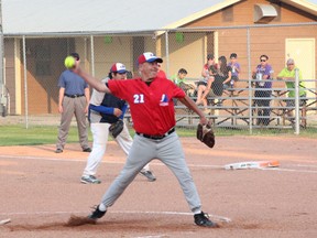 Melfort Expos’ pitcher Jimmy Anderson goes to work during the Expos’ 9-4 loss to James Smith on Wednesday, July 9 at Spruce Haven.