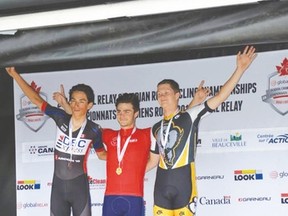 Portage la Prairie cyclist Willem Boersma, right, was third in the criterium race at the 2014 Global Relay Canadian Junior Road Championships in Beauceville, Que. last week. (Cycling Canada)