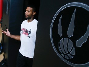 James Johnson arrives at a news conference at the Air Canada Centre after signing his contract with the Raptors. (Stan Behal/Toronto Sun)