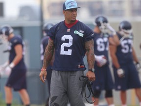 Argos star slotback Chad Owens with a walking boot at practice on July 15. (Jack Boland, Toronto Sun)