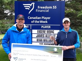Sarnia's Matt Hill, right, was named the Freedom 55 Financial PGA Tour Canada Canadian Player of the Week after finishing T2 at the Player's Cup in Winnipeg this past weekend. SUBMITTED PHOTO​