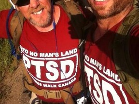 Scott McFarlane, left, and Steve Hartwig are among those marching across Canada to bring awareness to Post Traumatic Stress Disorder. They arrive in Winnipeg on Friday. (HANDOUT)