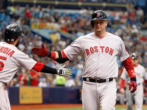 Boston Red Sox catcher A.J. Pierzynski (right) is congratulated by second baseman Dustin Pedroia (15) after hitting a 3-run home run during the first inning against the Tampa Bay Rays at Tropicana Field on May 24, 2014 in St. Petersburg, FL, USA. (Kim Klement/USA TODAY Sports)