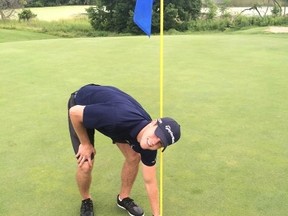 Maple Leafs’ Peter Holland is all smiles after shooting a hole in one at Flamborough Hills Golf & Country Club in Copetown yesterday. (@PeterHolland13/photo)