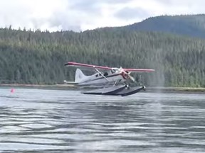 Screen grab from YouTube showing a float plane nearly landing on a whale. (YouTube)