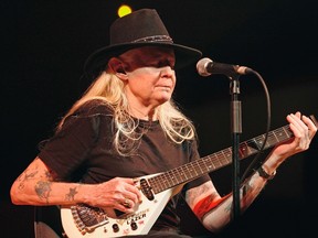 Legendary blues guitarist Johnny Winter performs on stage during a concert at the Valencia Jazz Festival in this file photo taken July 19, 2008. REUTERS/Heino Kalis/Files