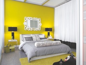 On a mission to brighten the place, Colin and Justin painted most areas white but accented with a chartreuse tone behind the bed.