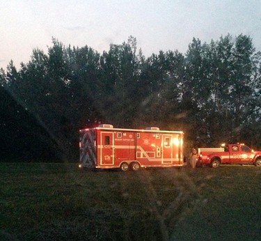 A rescue vehicle is seen in a farmers field after six of the seven women after being rescued. They were in an inflatable boat Pembina River and it deflated. Edmonton Police Service's Air 1 helicopter was called to find them in the pitch black and then to help with their rescue. The seventh women was taken to hospital by Air 1. Photo supplied by/Dana Auld