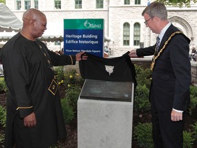 Ottawa Mayor Jim Watson and His Excellency Membathisi Mdladlans, High Commissioner of South Africa, today officially dedicated the outdoor area in front of Ottawa City Hall's Heritage Building as Nelson Mandela Square.  Tony Caldwell/Ottawa Sun