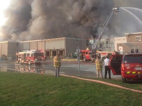 Firefighters were at the scene of a massive blaze at the Bonduelle food-processing plant in Tecumseh, Ont., Friday morning. (Tecumseh Fire Rescue Service)
