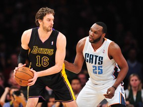 Former Los Angeles Lakers center Pau Gasol (16) moves the ball against the defense of Charlotte Bobcats center Al Jefferson (25) during the first half at Staples Center. (Gary A. Vasquez-USA TODAY Sports)