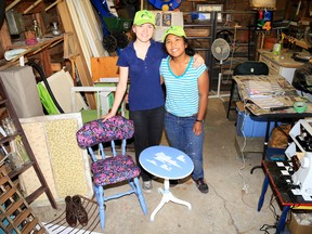 Katie Turriff, 17, and Corrine Codina, 16, are shown here in the garage from which they are running ReDuo design their summer business focusing on upcycling used items.  in Belleville, Ont. on Friday, July 18, 2014. 
Emily Mountney/Belleville Intelligencer/QMI Agency