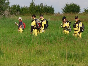 Search and Rescue crews search farmland near Airdrie, Alta, north of Calgary, Alta, on Saturday July 19, 2014. The search continues for three missing people, while Douglas Garland has been charged with murder by Calgary Police. Jim Wells/Calgary Sun/QMI Agency