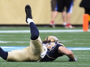 Winnipeg Blue Bombers Julian Feoli-Gudino can't pull in a pass which would've went for a first-quarter touchdown against Edmonton Eskimos during CFL action at Investors Group Field in Winnipeg, Man., on Thu., July 17, 2014. Kevin King/Winnipeg Sun/QMI Agency