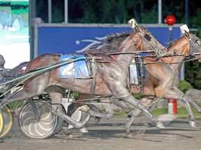 Intimidate just barely beats Sebastian K at the wire to take the $603,000 Maple Leaf Trot last night at Mohawk Racetrack. (CLIVE COHEN/New Image Media)