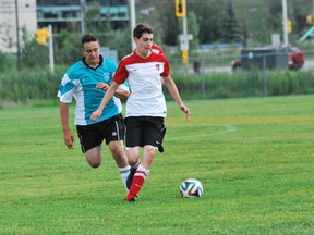 Sudbury Impact player Paolo Scola handles the ball during U18 boys championship final at the Fabio Belli Memorial Soccer Tournament at James Jerome Sports Complex last year. Keith Dempsey/For The Sudbury Star