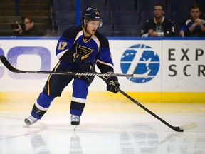 St. Louis Blues centre Vladimir Sobotka (17) handles the puck as a stick flies through the air during the second period against the Toronto Maple Leafs at the Scottrade Center. (Jeff Curry-USA TODAY Sports)