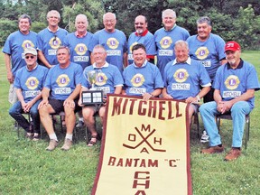 The Mitchell Bantam ‘C’ champions of 1964-65 pose for a team photo 50 years later, during the 50th anniversary celebration of the town’s first OMHA championship win. Back row (left): Rick Heinbuck, Jurri Hoekstra, Greg Strathdee, Rick O’Donnell, Dave O’Donnell, Charlie Pickard and Randy Heinbuck. Front row (left): Fred Vock, Dan Gloor, Jim Houze, Harvey Willows *(in place of Bill Wolfe), Bill Walkom and Bob McGill.

*Note: Bill Wolfe was not present on July 12 and played with the team during the playoffs only. Harvey Willows was the goalie during the regular season but could not play in the playoffs because he was from outside the town of Mitchell and resided in the country. He was replaced by Wolfe for the 1964-65 playoff run. KRISTINE JEAN/MITCHELL ADVOCATE