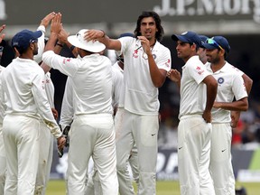 Ishant Sharma (fourth from left) celebratesIndia's test win over England. (AFP)