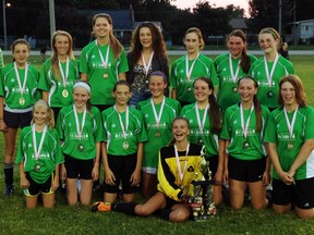 The St. Columban U14 girls won the North Huron league championship last Friday. Team members are, back row (left): Coach Frank Flanagan, Emily Anstett, Natasha Klaver, Kristen Behn, Emma Flanagan, Claire Horan, Avery Whyte, Hilary Feeney. Middle row (left): Alyssa Greidanus, Breanna McCarthy, Sarah Van Bakel, Myah Vingerhoeds, Bree Schoonderwoerd, Rachel Klaver, Jaymee Nolan and in front is keeper Nicki Van Bakel. Absent was Chloe Rocher. SUBMITTED