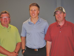 (L-R): Portage Terriers head coach/GM Blake Spiller, new assistant coach Eric Delong, and longtime assistant coach Paul Harland at the team AGM July 21. (Kevin Hirschfield/The Graphic)