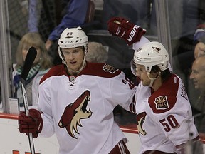 Coyotes forward Lauri Korpikoski (left) congratulates teammate Antoine Vermette (right) after scoring a goal against the Canucks in Vancouver  on Jan. 26, 2014. (Carmine Marinelli/QMI Agency/Files)