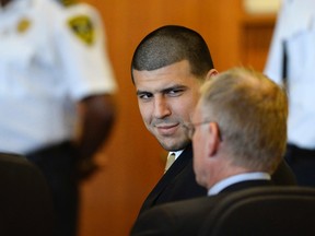 Former NFL player Aaron Hernandez attends a hearing in Bristol County Superior Court in Fall River, Massachusetts, July 22, 2014. (REUTERS/CJ Gunther/Pool)