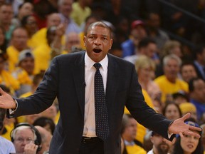 Los Angeles Clippers head coach Doc Rivers reacts against the Golden State Warriors during the first quarter in game six of the first round of the 2014 NBA Playoffs at Oracle Arena on May 1, 2014 in Oakland, CA, USA. (Kyle Terada-USA TODAY Sports)